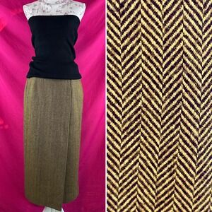 Vintage Wool Herringbone Midi Long Skirt Gold Black Jones New York 8 80s 90s